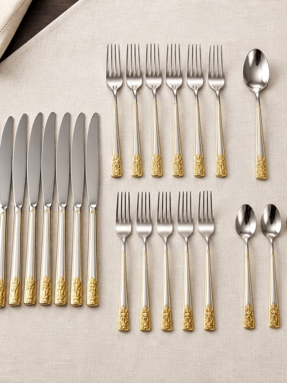 VTG Asian Stainless Steel Gold Accents Flatware Set 23 Pc Hollywood Regency